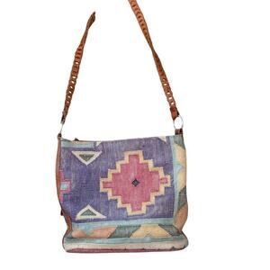 Vintage Kilim Tapestry Shoulder Bag with Braided Leather Strap – Boho Tribal Sou